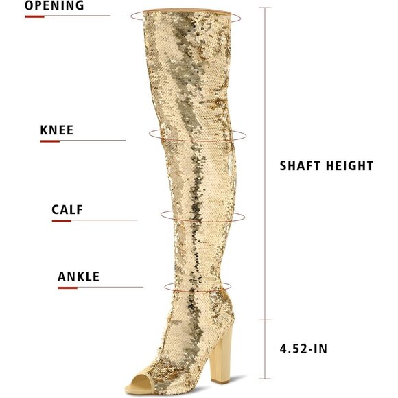 Women Gold Sequin Over The Knee High Party Prom Open Toe Chunky High Heel Boot - Picture 2 of 6